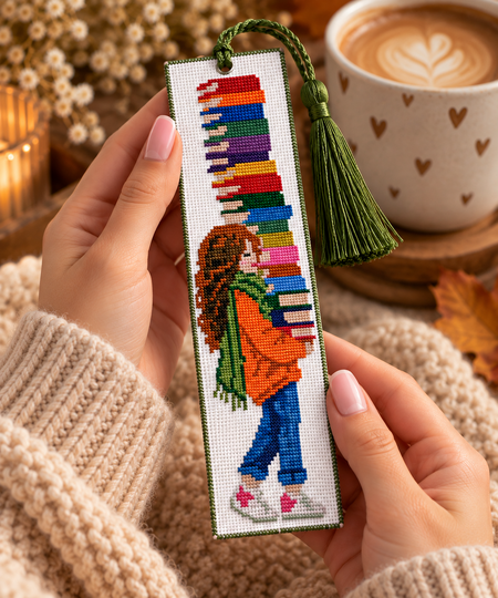 Book Lover Bookmark Cross Stitch Pattern PDF – Girl with Books