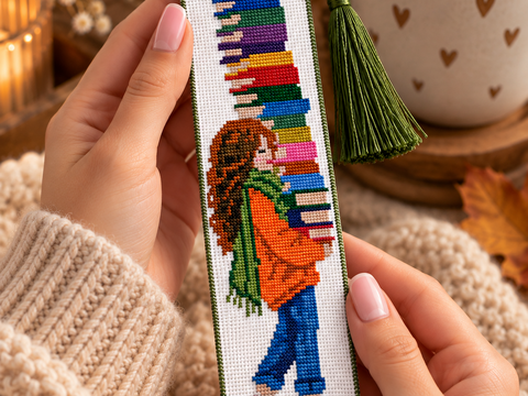 Book Lover Bookmark Cross Stitch Pattern PDF – Girl with Books