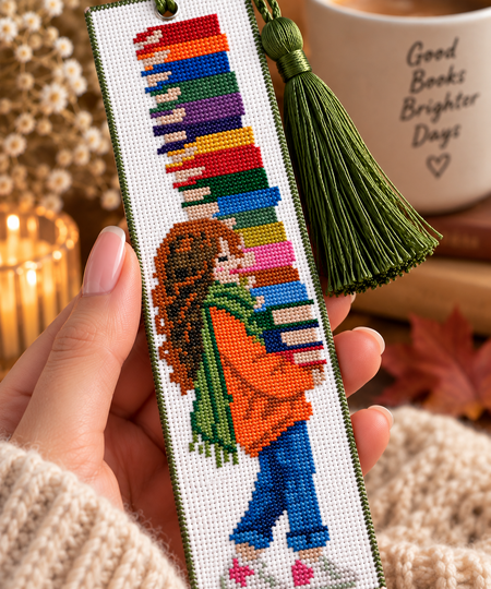 Book Lover Bookmark Cross Stitch Pattern PDF – Girl with Books