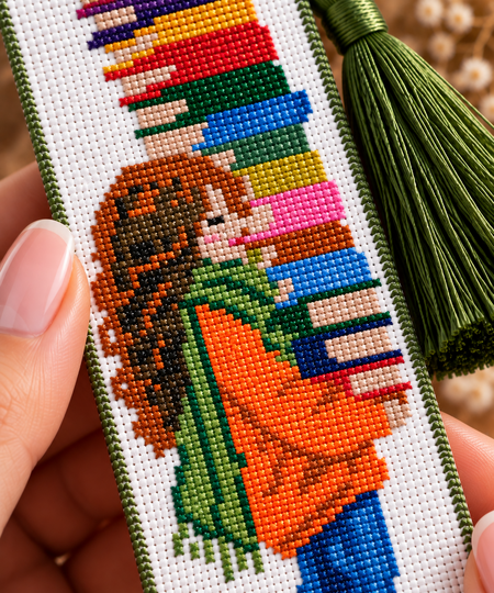 Book Lover Bookmark Cross Stitch Pattern PDF – Girl with Books