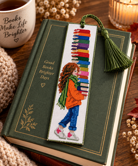 Book Lover Bookmark Cross Stitch Pattern PDF – Girl with Books