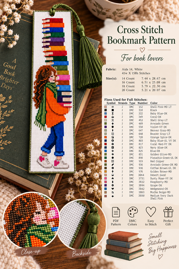 Book Lover Bookmark Cross Stitch Pattern PDF – Girl with Books