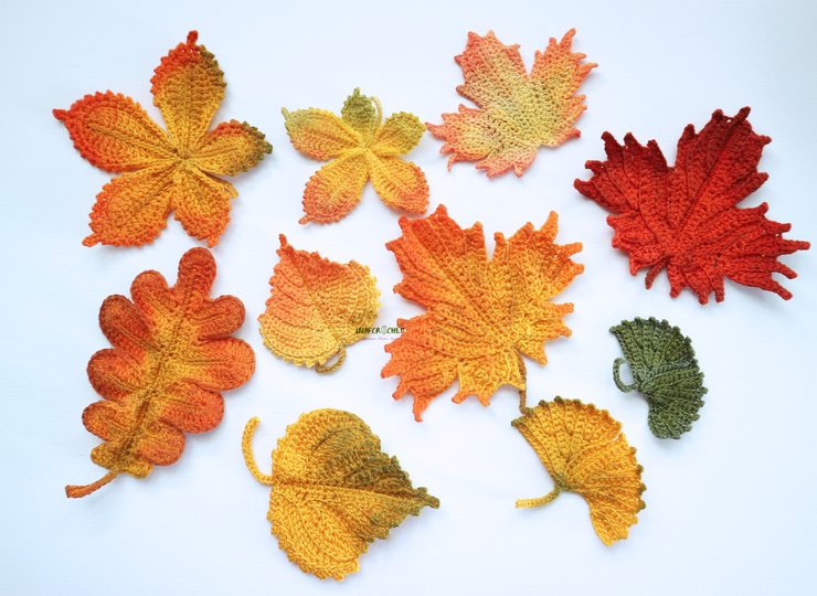 Crochet Autumn Leaves Pattern Set- Maple, Oak, Birch, Ginkgo, Chestnut