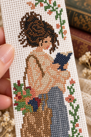 Reading Girl Bookmark Cross Stitch Pattern PDF – Floral Book Lover Design