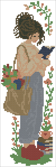 Reading Girl Bookmark Cross Stitch Pattern PDF – Floral Book Lover Design