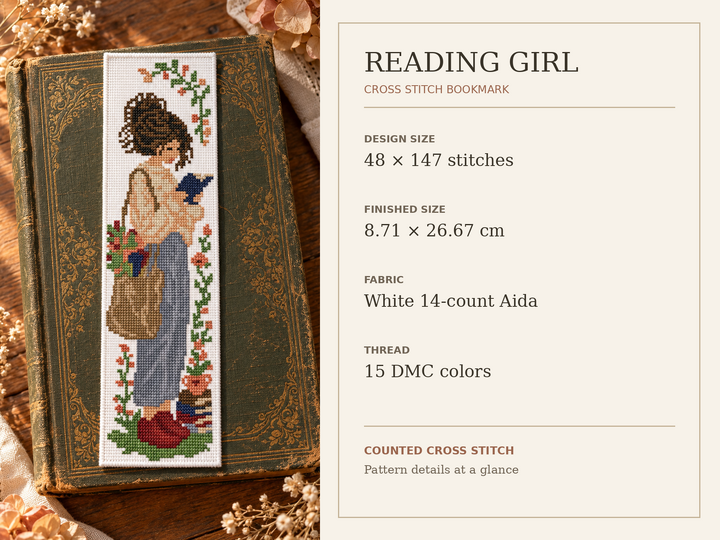 Reading Girl Bookmark Cross Stitch Pattern PDF – Floral Book Lover Design