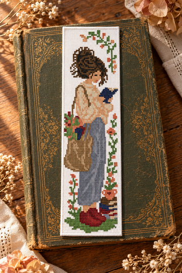 Reading Girl Bookmark Cross Stitch Pattern PDF – Floral Book Lover Design