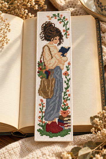 Reading Girl Bookmark Cross Stitch Pattern PDF – Floral Book Lover Design