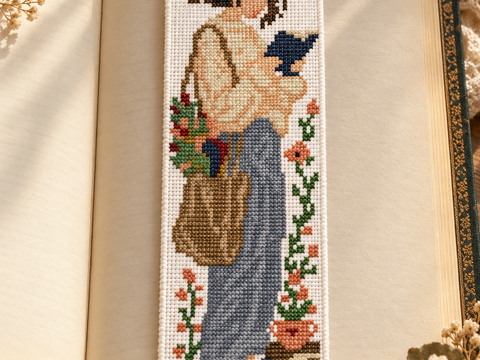 Reading Girl Bookmark Cross Stitch Pattern PDF – Floral Book Lover Design