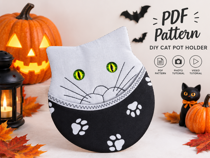 PDF Cat Potholder Sewing Pattern DIY Cute Halloween Kitchen Decor Tutorial
