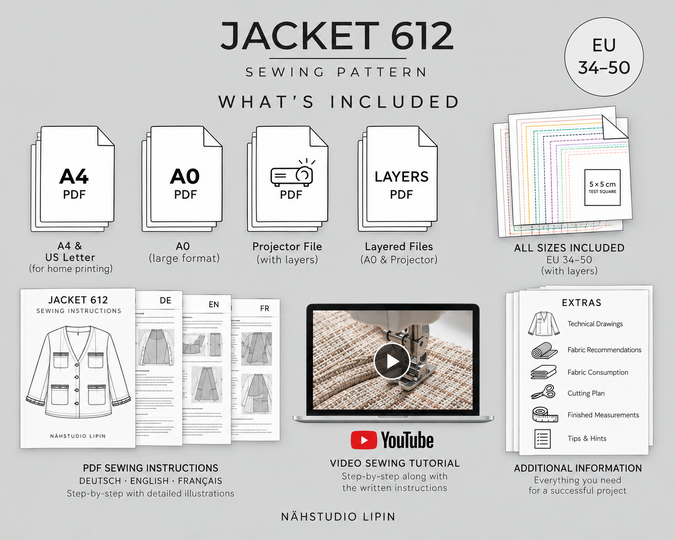 Jackett Blazer Schnittmuster PDF Damen Gr. 34–50  Nähstudio Lipin
