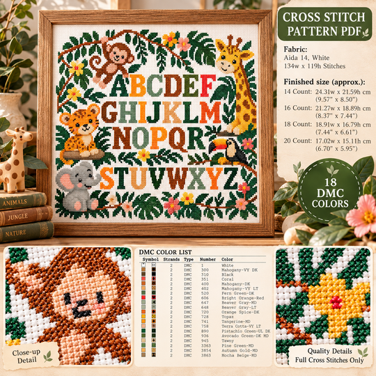 Jungle Alphabet Cross Stitch Pattern PDF – Safari Animals ABC Sampler
