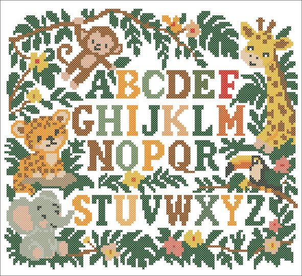 Jungle Alphabet Cross Stitch Pattern PDF – Safari Animals ABC Sampler