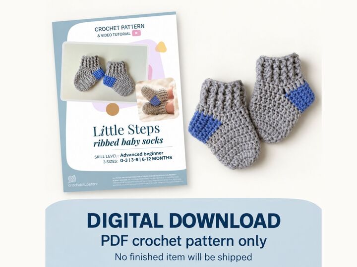 Crochet Baby Socks Pattern, Ribbed Newborn Booties PDF, 3 Sizes with Video