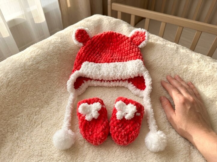 Crochet Pattern – Cosy Baby Hat with Ears & Mittens