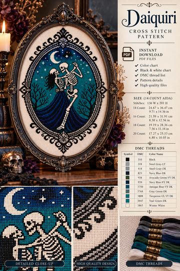 Gothic Skeleton Couple Cross Stitch Pattern – Counted Cross Stitch PDF Patt