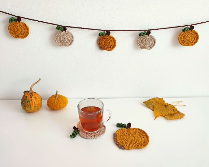 Crochet Pattern: Pumpkin Coaster and Pumpkin Garland - Fall Decor