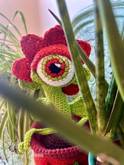 Häkelanleitung Gruselblume Glotzi,  Halloween Deko häkeln, Pflanze mit Auge