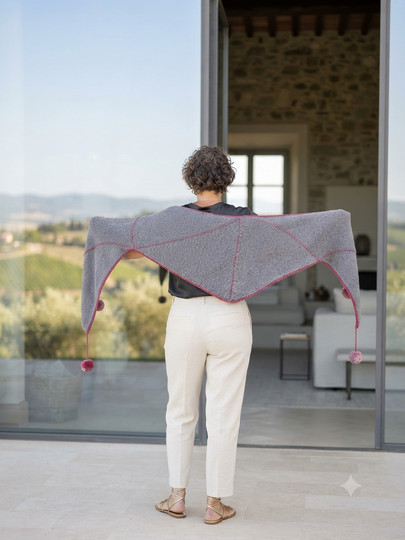 Dopamin Shawl – Hexagon Knitting Pattern with Latvian Braid & Pompoms