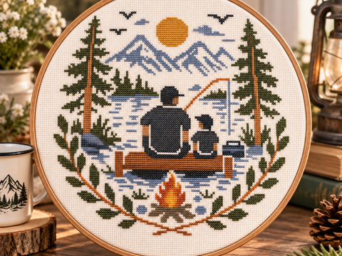 Father and Child Fishing Cross Stitch Pattern PDF – Mountain Lake Embroider