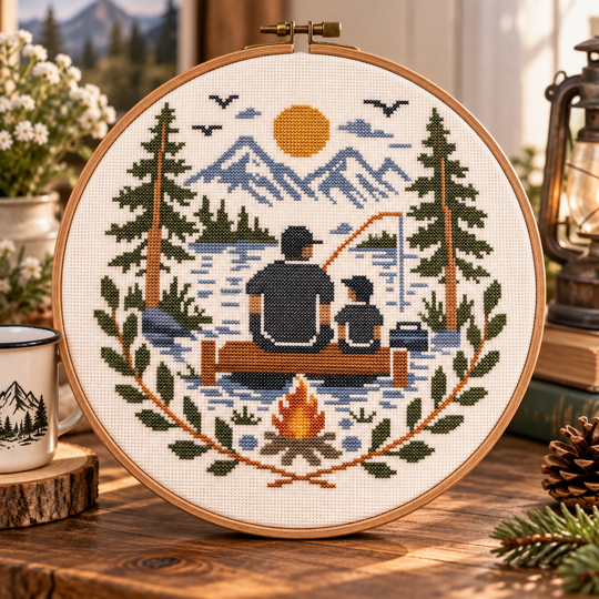 Father and Child Fishing Cross Stitch Pattern PDF – Mountain Lake Embroider