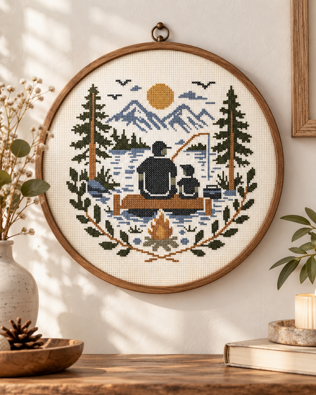 Father and Child Fishing Cross Stitch Pattern PDF – Mountain Lake Embroider - Image 5