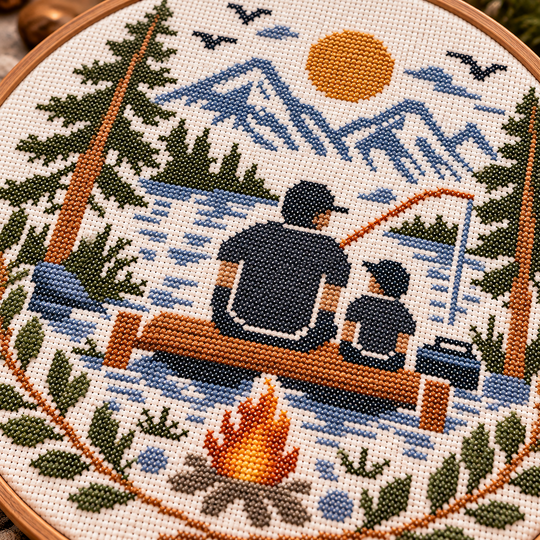 Father and Child Fishing Cross Stitch Pattern PDF – Mountain Lake Embroider