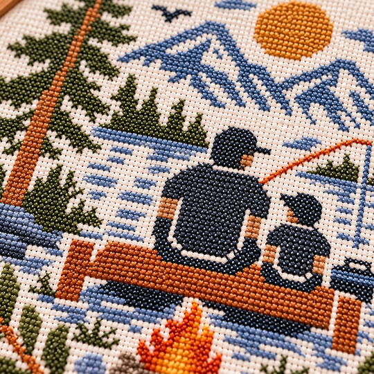 Father and Child Fishing Cross Stitch Pattern PDF – Mountain Lake Embroider