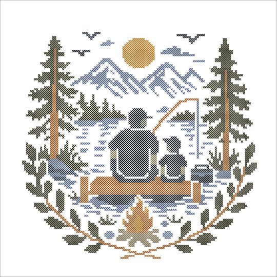Father and Child Fishing Cross Stitch Pattern PDF – Mountain Lake Embroider