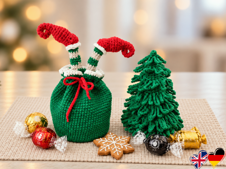 Christmas Crochet Patterns Bundle: Tree Gift Bag & Elf Leg Gift Bag