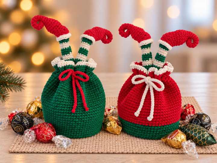 Christmas Crochet Patterns Bundle: Tree Gift Bag & Elf Leg Gift Bag