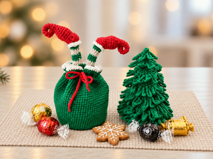 Christmas Crochet Patterns Bundle: Tree Gift Bag & Elf Leg Gift Bag
