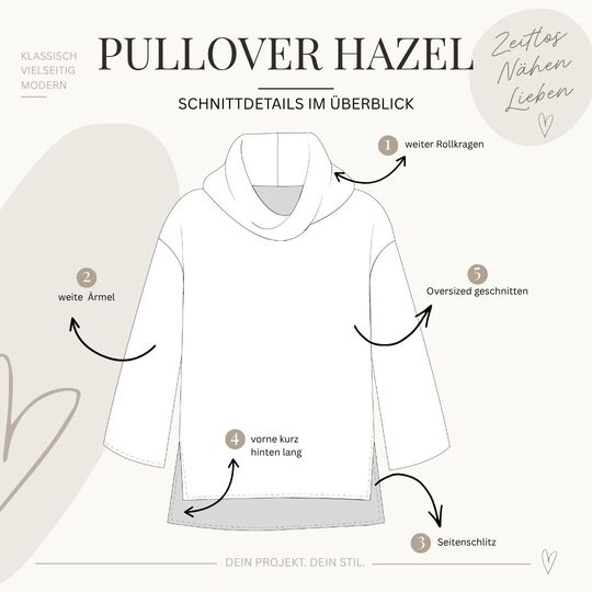 Schnittmuster Pullover Hazel | weite Ärmel, Rollkragen, Seitenschlitze
