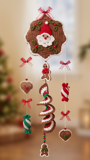 Gehäkelte Weihnachtsdeko-Spirale – Weihnachtsmann & Lebkuchen