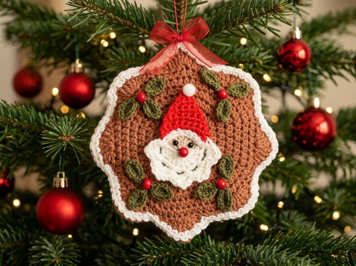 Gehäkelte Weihnachtsdeko-Spirale – Weihnachtsmann & Lebkuchen