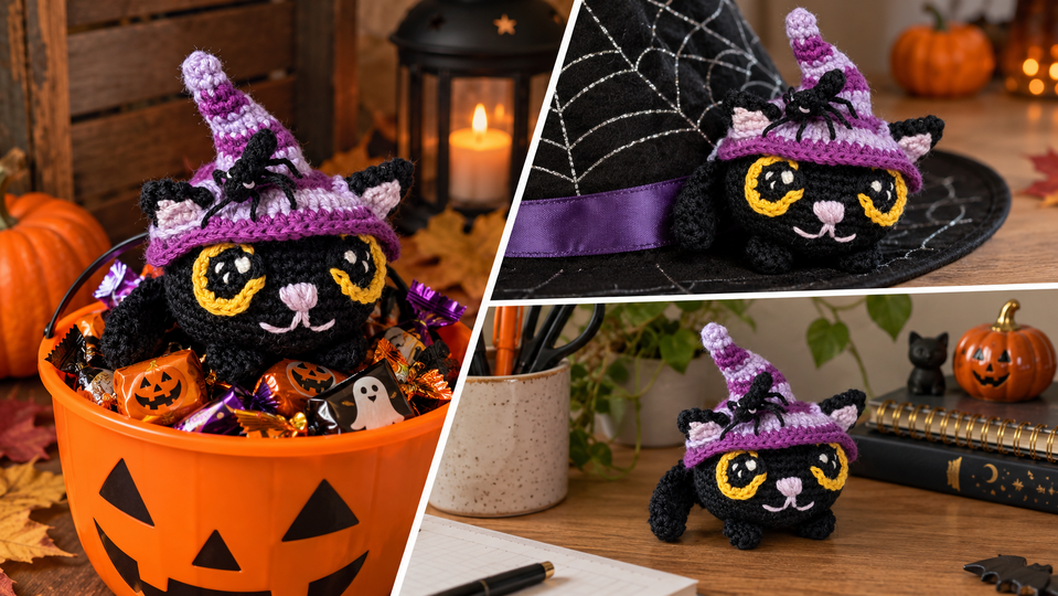Halloween Hexenkatze mit Spinne - Amigurumi Häkelanleitung (auf DE, EN)
