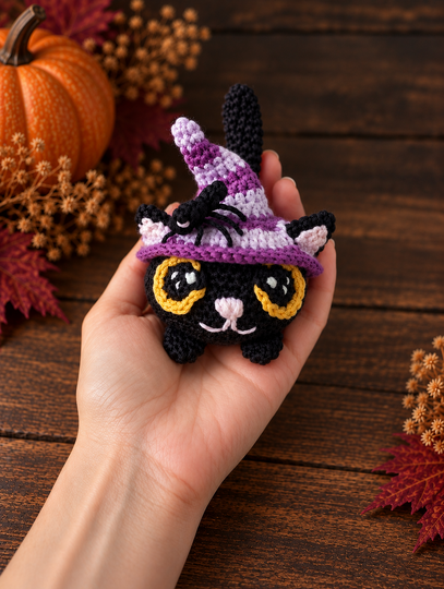 Halloween Witch Cat with Spider - Amigurumi Crochet Pattern (in EN, DE)