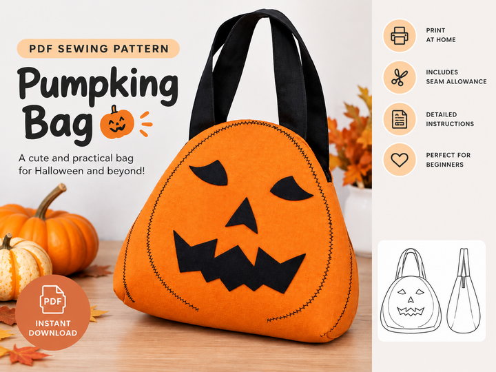PDF Halloween Pumpkin Bag Sewing Pattern. DIY Fabric Bag Tutorial