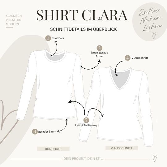 Schnittmuster Langarmshirt Clara | V-Ausschnitt oder Rundhals