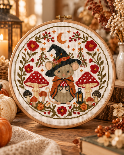 Daiquiri Witch Mouse Cross Stitch Pattern PDF – Autumn Woodland Mushroom Em