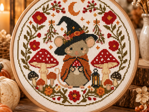 Daiquiri Witch Mouse Cross Stitch Pattern PDF – Autumn Woodland Mushroom Em