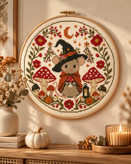 Daiquiri Witch Mouse Cross Stitch Pattern PDF – Autumn Woodland Mushroom Em