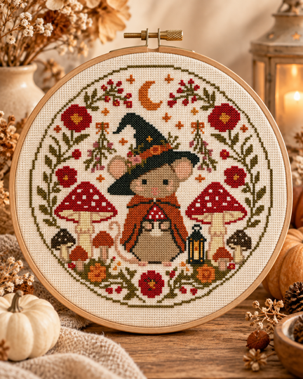 Daiquiri Witch Mouse Cross Stitch Pattern PDF – Autumn Woodland Mushroom Em