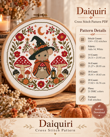 Daiquiri Witch Mouse Cross Stitch Pattern PDF – Autumn Woodland Mushroom Em