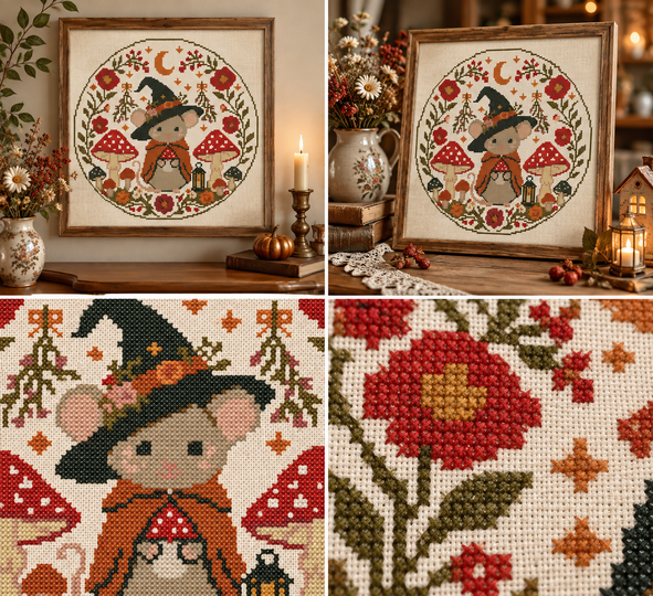 Daiquiri Witch Mouse Cross Stitch Pattern PDF – Autumn Woodland Mushroom Em