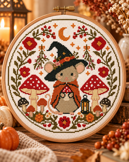 Daiquiri Witch Mouse Cross Stitch Pattern PDF – Autumn Woodland Mushroom Em