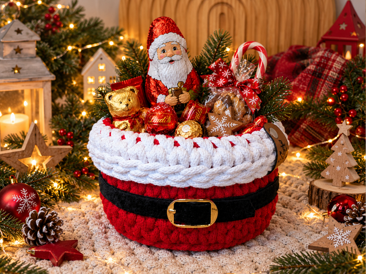 Häkelanleitung Weihnachtskorb / Nikolauskorb im Strickstich mit Gürtel