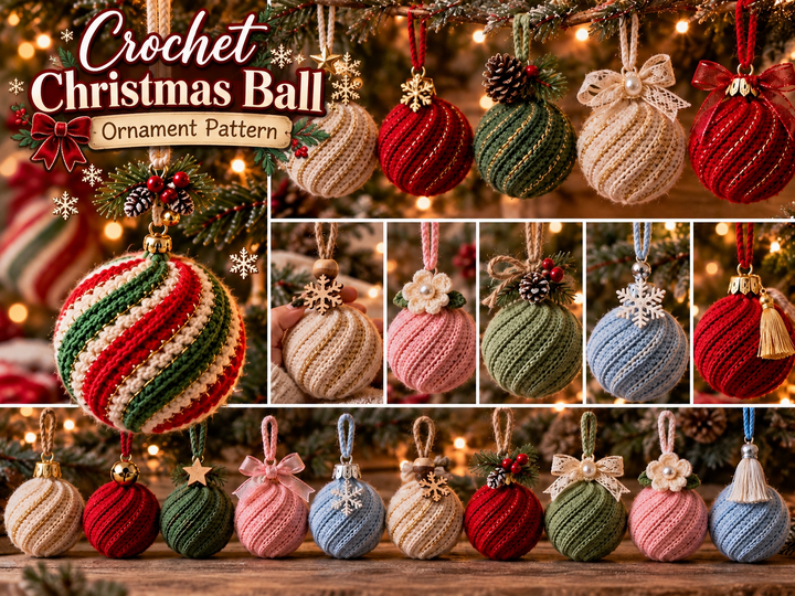 Christmas Tree Ornament Easy Spiral Ball Pattern PDF and Video Tutorial