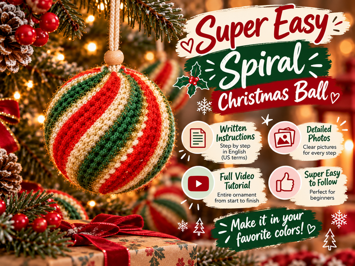 Christmas Tree Ornament Easy Spiral Ball Pattern PDF and Video Tutorial