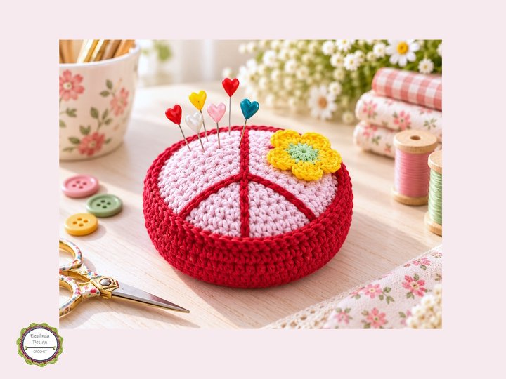 Crochet pattern peace sign pincushion & flowers, hippie gift idea